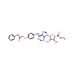 CCNC(=O)[C@H]1O[C@@H](n2cnc3c(Nc4ccc(OCC(=O)Nc5ccccc5)cc4)ncnc32)[C@H](O)[C@@H]1O ZINC000028647784