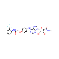 CCNC(=O)[C@H]1O[C@@H](n2cnc3c(Nc4ccc(OCC(=O)Nc5ccccc5C(F)(F)F)cc4)ncnc32)[C@H](O)[C@@H]1O ZINC000028647801