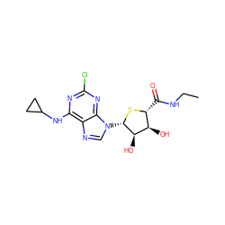 CCNC(=O)[C@H]1S[C@@H](n2cnc3c(NC4CC4)nc(Cl)nc32)[C@H](O)[C@@H]1O ZINC000013678667