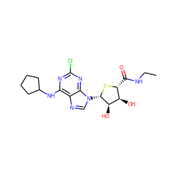 CCNC(=O)[C@H]1S[C@@H](n2cnc3c(NC4CCCC4)nc(Cl)nc32)[C@H](O)[C@@H]1O ZINC000013678675