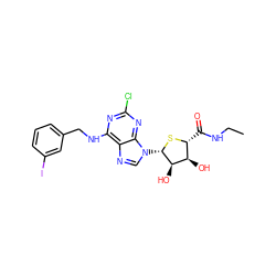 CCNC(=O)[C@H]1S[C@@H](n2cnc3c(NCc4cccc(I)c4)nc(Cl)nc32)[C@H](O)[C@@H]1O ZINC000028563648