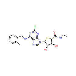 CCNC(=O)[C@H]1S[C@@H](n2cnc3c(NCc4ccccc4C)nc(Cl)nc32)[C@H](O)[C@@H]1O ZINC000013678679