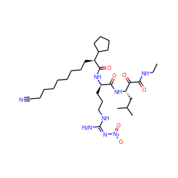 CCNC(=O)C(=O)[C@H](CC(C)C)NC(=O)[C@@H](CCCN/C(N)=N\[N+](=O)[O-])NC(=O)[C@@H](CCCCCCCCC#N)C1CCCC1 ZINC000026737583