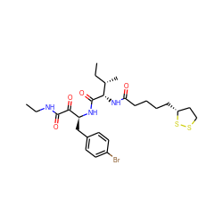 CCNC(=O)C(=O)[C@H](Cc1ccc(Br)cc1)NC(=O)[C@@H](NC(=O)CCCC[C@@H]1CCSS1)[C@@H](C)CC ZINC000028530968