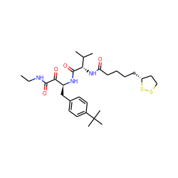 CCNC(=O)C(=O)[C@H](Cc1ccc(C(C)(C)C)cc1)NC(=O)[C@@H](NC(=O)CCCC[C@@H]1CCSS1)C(C)C ZINC000028562914