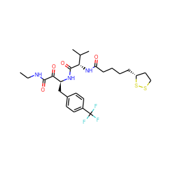 CCNC(=O)C(=O)[C@H](Cc1ccc(C(F)(F)F)cc1)NC(=O)[C@@H](NC(=O)CCCC[C@@H]1CCSS1)C(C)C ZINC000028563018