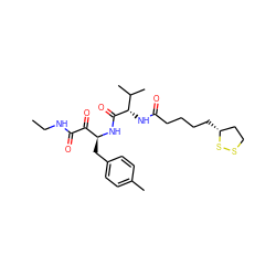 CCNC(=O)C(=O)[C@H](Cc1ccc(C)cc1)NC(=O)[C@@H](NC(=O)CCCC[C@@H]1CCSS1)C(C)C ZINC000028529426