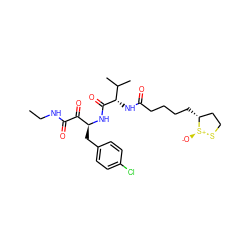 CCNC(=O)C(=O)[C@H](Cc1ccc(Cl)cc1)NC(=O)[C@@H](NC(=O)CCCC[C@@H]1CCS[S@@+]1[O-])C(C)C ZINC000028530987