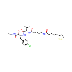 CCNC(=O)C(=O)[C@H](Cc1ccc(Cl)cc1)NC(=O)[C@@H](NC(=O)CCCCNC(=O)CCCC[C@@H]1CCSS1)C(C)C ZINC000028529068