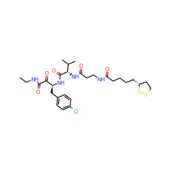 CCNC(=O)C(=O)[C@H](Cc1ccc(Cl)cc1)NC(=O)[C@@H](NC(=O)CCNC(=O)CCCC[C@@H]1CCSS1)C(C)C ZINC000028562999