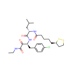 CCNC(=O)C(=O)[C@H](Cc1ccc(Cl)cc1)NC(=O)[C@H](CC(C)C)NC(=O)CCCC[C@@H]1CCSS1 ZINC000028529247