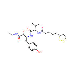 CCNC(=O)C(=O)[C@H](Cc1ccc(O)cc1)NC(=O)[C@@H](NC(=O)CCCC[C@@H]1CCSS1)C(C)C ZINC000028562932