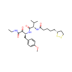 CCNC(=O)C(=O)[C@H](Cc1ccc(OC)cc1)NC(=O)[C@@H](NC(=O)CCCC[C@@H]1CCSS1)C(C)C ZINC000028562884