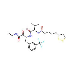 CCNC(=O)C(=O)[C@H](Cc1cccc(C(F)(F)F)c1)NC(=O)[C@@H](NC(=O)CCCC[C@@H]1CCSS1)C(C)C ZINC000028562734