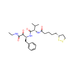 CCNC(=O)C(=O)[C@H](Cc1ccccc1)NC(=O)[C@@H](NC(=O)CCCC[C@@H]1CCSS1)C(C)C ZINC000028529599