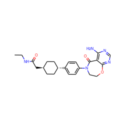 CCNC(=O)C[C@H]1CC[C@H](c2ccc(N3CCOc4ncnc(N)c4C3=O)cc2)CC1 ZINC000261101074