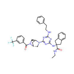 CCNC(=O)C1(Nc2nc(NCCc3ccccc3)nc(N3C[C@H]4C[C@H]3CN4C(=O)c3cccc(C(F)(F)F)c3)n2)Cc2ccccc2C1 ZINC000261117819