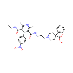 CCNC(=O)C1=C(C)NC(C)=C(C(=O)NCCCN2CCC(C(=O)OC)(c3ccccc3)CC2)[C@@H]1c1ccc([N+](=O)[O-])cc1 ZINC000027563669