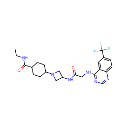 CCNC(=O)C1CCC(N2CC(NC(=O)CNc3ncnc4ccc(C(F)(F)F)cc34)C2)CC1 ZINC000149182208