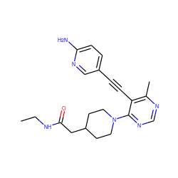 CCNC(=O)CC1CCN(c2ncnc(C)c2C#Cc2ccc(N)nc2)CC1 ZINC000148895147