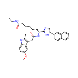 CCNC(=O)CCCCC[C@H](NC(=O)Cc1c(C)[nH]c2ccc(OC)cc12)c1ncc(-c2ccc3ccccc3c2)[nH]1 ZINC000042805301