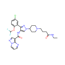 CCNC(=O)CCCN1CCC(n2cc(NC(=O)c3cnn4cccnc34)c(-c3cc(Cl)ccc3OC(F)F)n2)CC1 ZINC001772602282