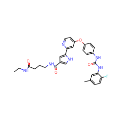 CCNC(=O)CCCNC(=O)c1c[nH]c(-c2cc(Oc3ccc(NC(=O)Nc4cc(C)ccc4F)cc3)ccn2)c1 ZINC000116238164