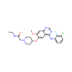 CCNC(=O)CN1CCC(Oc2cc3c(Nc4cccc(Cl)c4F)ncnc3cc2OC)CC1 ZINC000096921642