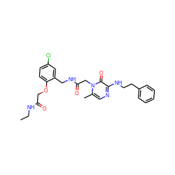 CCNC(=O)COc1ccc(Cl)cc1CNC(=O)Cn1c(C)cnc(NCCc2ccccc2)c1=O ZINC000013486975