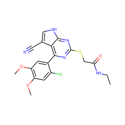 CCNC(=O)CSc1nc(-c2cc(OC)c(OC)cc2Cl)c2c(C#N)c[nH]c2n1 ZINC000059111923