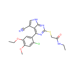 CCNC(=O)CSc1nc(-c2cc(OCC)c(OC)cc2Cl)c2c(C#N)c[nH]c2n1 ZINC000059111924