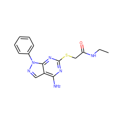 CCNC(=O)CSc1nc(N)c2cnn(-c3ccccc3)c2n1 ZINC000026481359