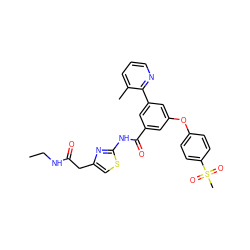 CCNC(=O)Cc1csc(NC(=O)c2cc(Oc3ccc(S(C)(=O)=O)cc3)cc(-c3ncccc3C)c2)n1 ZINC000169306743