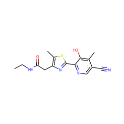 CCNC(=O)Cc1nc(-c2ncc(C#N)c(C)c2O)sc1C ZINC000148297723