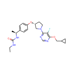 CCNC(=O)N[C@@H](C)c1ccc(O[C@@H]2CCN(c3ncnc(OCC4CC4)c3F)C2)cc1 ZINC000261111430