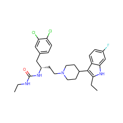 CCNC(=O)N[C@@H](CCN1CCC(c2c(CC)[nH]c3cc(F)ccc23)CC1)Cc1ccc(Cl)c(Cl)c1 ZINC000299833407