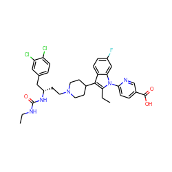 CCNC(=O)N[C@@H](CCN1CCC(c2c(CC)n(-c3ccc(C(=O)O)cn3)c3cc(F)ccc23)CC1)Cc1ccc(Cl)c(Cl)c1 ZINC000299821956