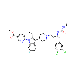 CCNC(=O)N[C@@H](CCN1CCC(c2c(CC)n(-c3ccc(C(=O)OC)cn3)c3cc(F)ccc23)CC1)Cc1ccc(Cl)c(Cl)c1 ZINC000299834361