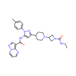 CCNC(=O)N1CC(N2CCC(c3cc(NC(=O)c4cnn5cccnc45)n(-c4ccc(C)cc4)n3)CC2)C1 ZINC000145896532