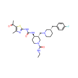CCNC(=O)N1CC[C@@H](NC(=O)Nc2nc(C)c(C(C)=O)s2)[C@H](CN2CCC[C@@H](Cc3ccc(F)cc3)C2)C1 ZINC000028975289