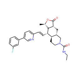 CCNC(=O)N1CC[C@@H]2[C@H](C[C@H]3C(=O)O[C@H](C)[C@H]3[C@H]2/C=C/c2ccc(-c3cccc(F)c3)cn2)C1 ZINC000028712091