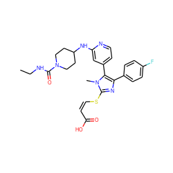 CCNC(=O)N1CCC(Nc2cc(-c3c(-c4ccc(F)cc4)nc(S/C=C\C(=O)O)n3C)ccn2)CC1 ZINC000299861441