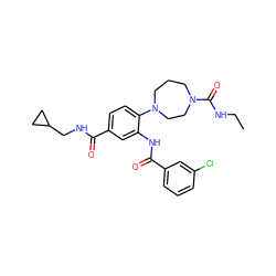 CCNC(=O)N1CCCN(c2ccc(C(=O)NCC3CC3)cc2NC(=O)c2cccc(Cl)c2)CC1 ZINC000028563105