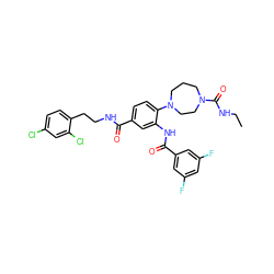 CCNC(=O)N1CCCN(c2ccc(C(=O)NCCc3ccc(Cl)cc3Cl)cc2NC(=O)c2cc(F)cc(F)c2)CC1 ZINC000028565961