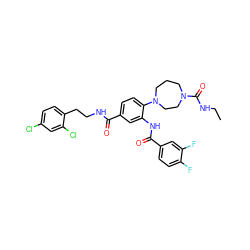 CCNC(=O)N1CCCN(c2ccc(C(=O)NCCc3ccc(Cl)cc3Cl)cc2NC(=O)c2ccc(F)c(F)c2)CC1 ZINC000028565637