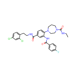 CCNC(=O)N1CCCN(c2ccc(C(=O)NCCc3ccc(Cl)cc3Cl)cc2NC(=O)c2ccc(F)cc2)CC1 ZINC000028565826