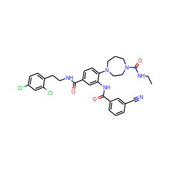 CCNC(=O)N1CCCN(c2ccc(C(=O)NCCc3ccc(Cl)cc3Cl)cc2NC(=O)c2cccc(C#N)c2)CC1 ZINC000028564756