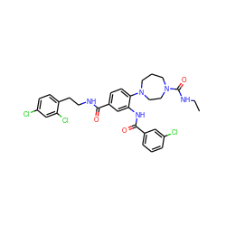 CCNC(=O)N1CCCN(c2ccc(C(=O)NCCc3ccc(Cl)cc3Cl)cc2NC(=O)c2cccc(Cl)c2)CC1 ZINC000028566064