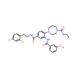 CCNC(=O)N1CCCN(c2ccc(C(=O)NCCc3ccc(Cl)cc3Cl)cc2NC(=O)c2cccc(OC)c2)CC1 ZINC000028564881