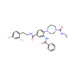 CCNC(=O)N1CCCN(c2ccc(C(=O)NCCc3ccc(Cl)cc3Cl)cc2NC(=O)c2ccccc2)CC1 ZINC000028565674